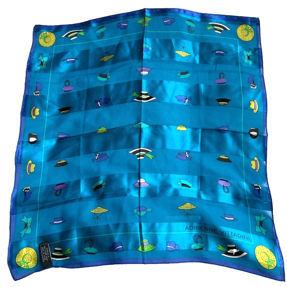 ADRIENNE VITTADINI Scarf 100% Silk 21" Square Blue Hats Shiny Hand Stitched Edge